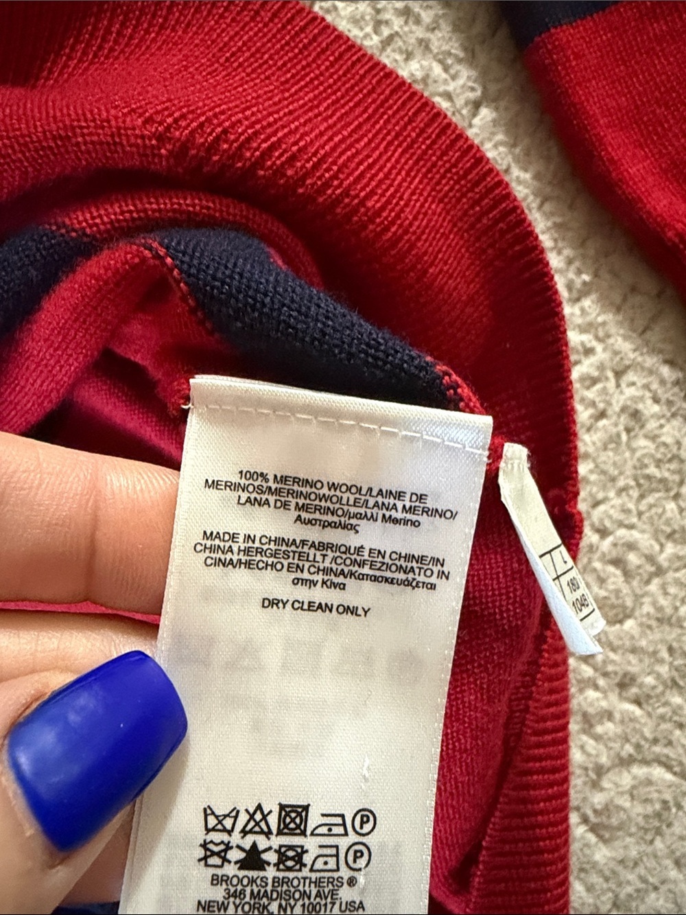 Brooks Brothers Red and Navy Striped V-Neck Sweater 100% Merino Wool Large - Picture 3 of 6